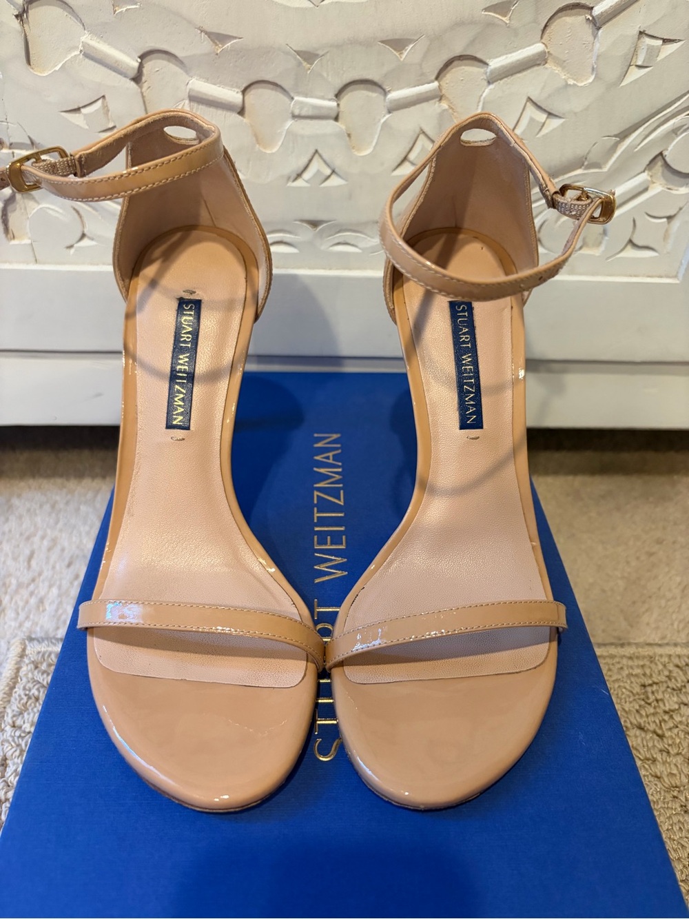 Stuart Weitzman Beige Patent Ankle-Strap Heels